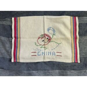 Vintage Hand Stitched Embroidered Hand Towel Striped Needle point